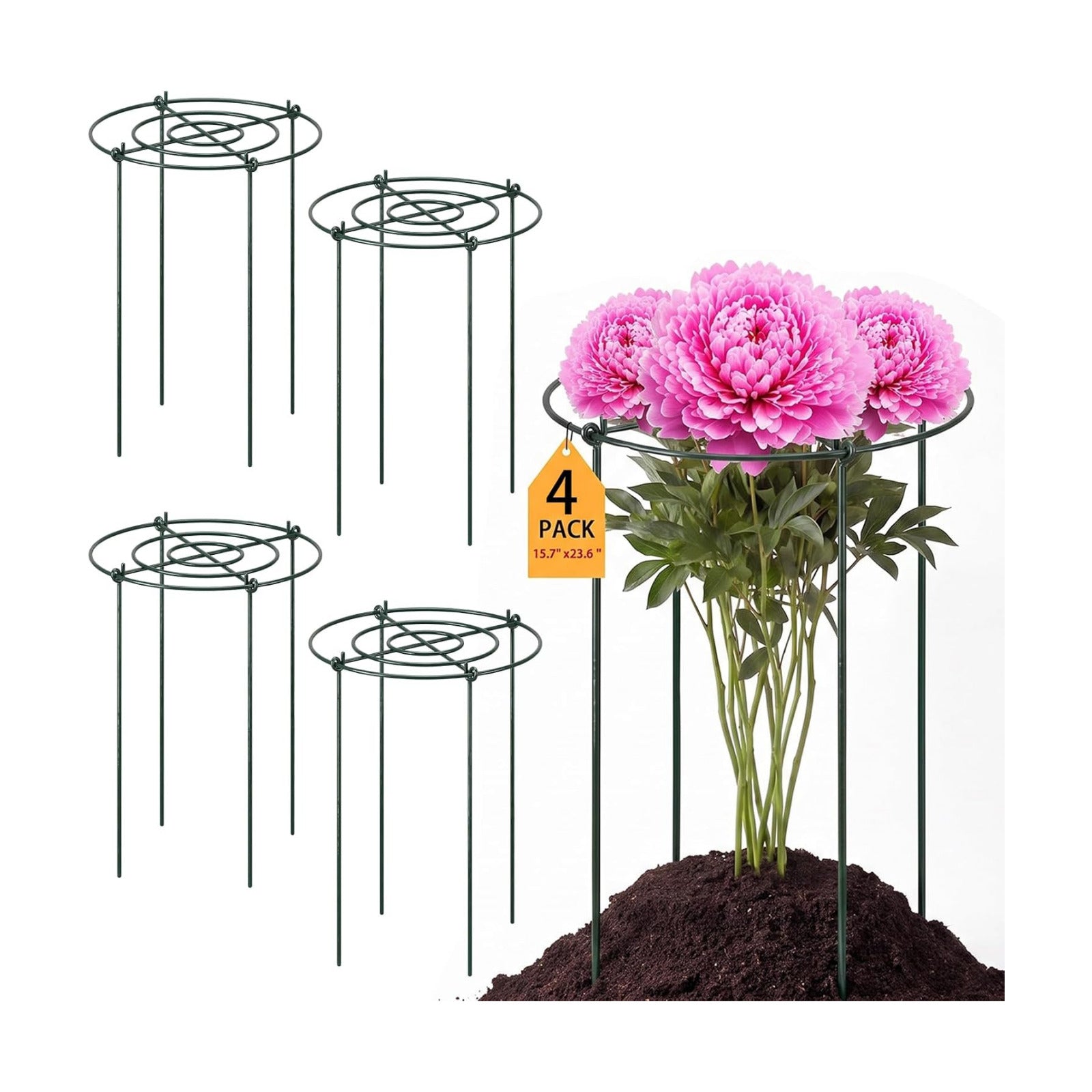 Pelopy 4 Pack Large Peony Cages and Supports 23.6"h x 15.7"d Heavy Duty Plant Support for Outdoor Plants, Meatl Peony