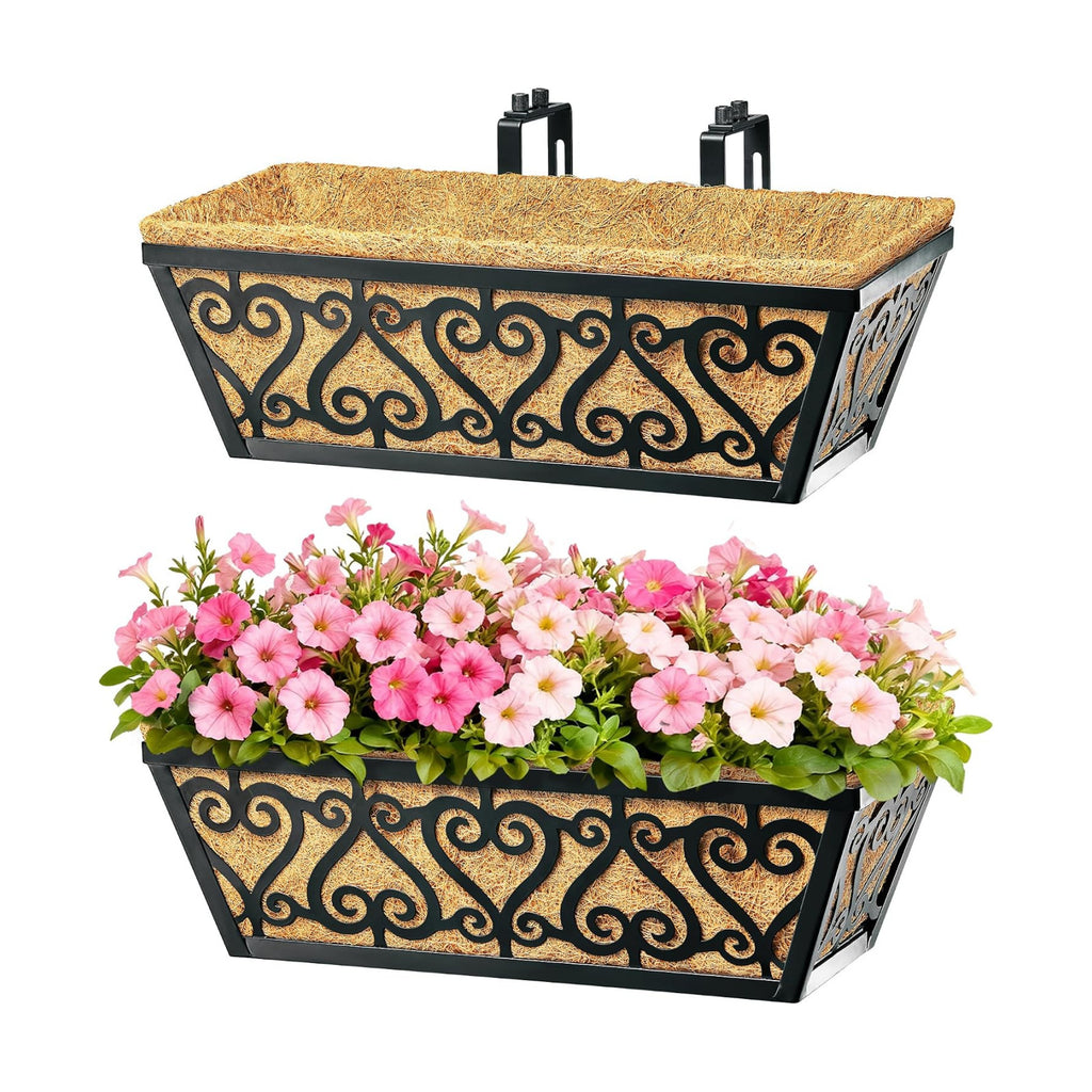 2 Pack 16 Inch Deck Railing Planter Box - Window Boxes Planters with Adjustable Brackets Coco Liners Balcony Planters