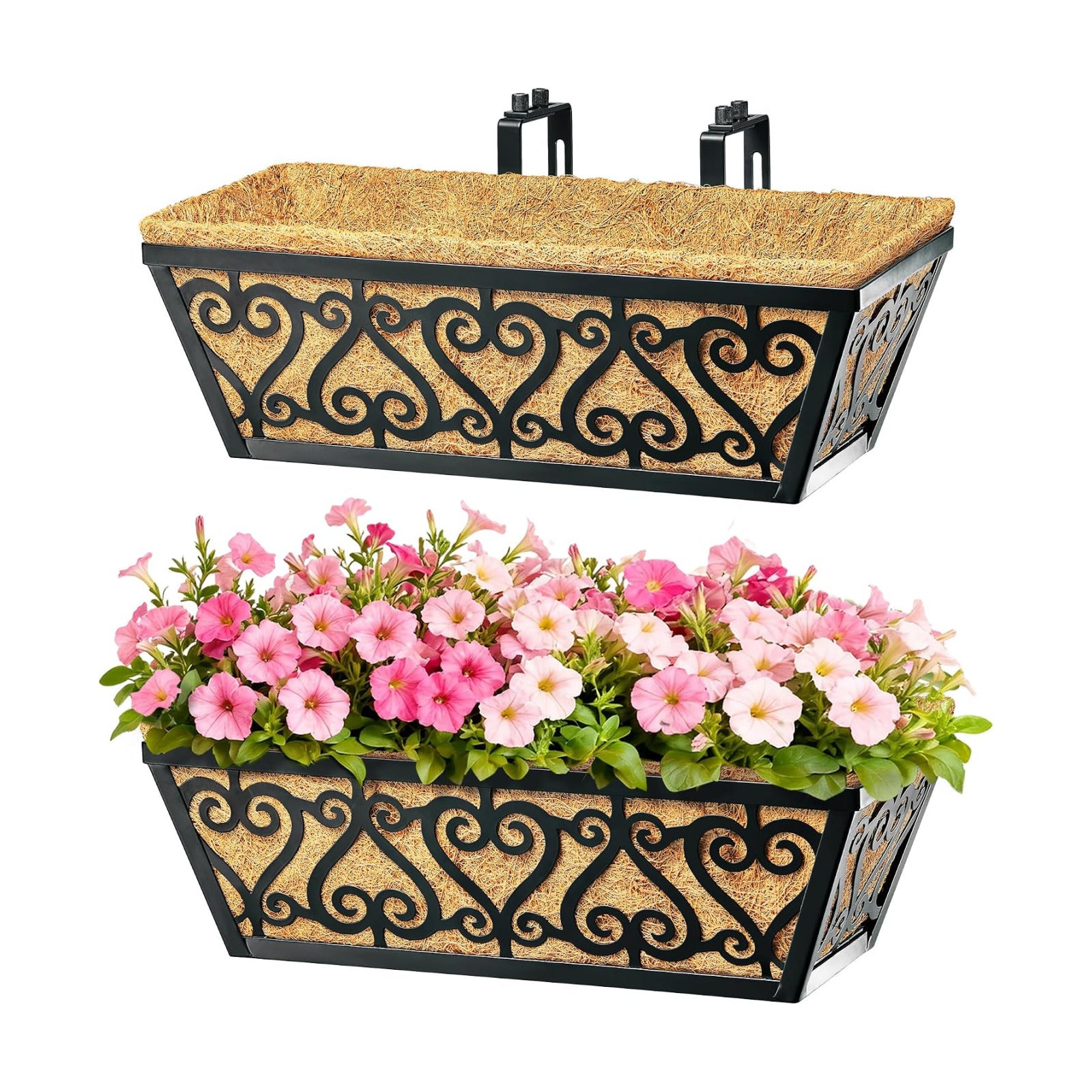 2 Pack 16 Inch Deck Railing Planter Box - Window Boxes Planters with Adjustable Brackets Coco Liners Balcony Planters