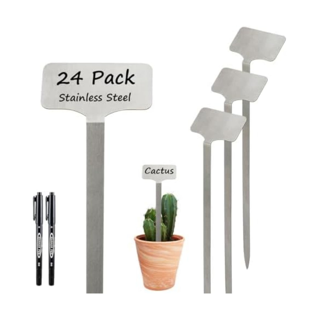 24 Pack Stainless Steel Plant Labels, Waterproof Metal Plant Markers for Outdoor Garden, Greenhouse, Vegetables, Herbs, Flowers - Comes with 2 Permanent Markers (Samll-8 in L)