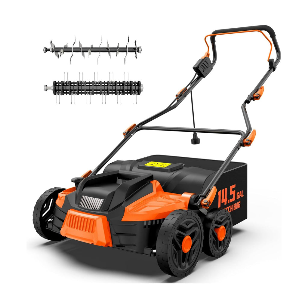 TIECTOWN 16-Inch 15.5 Amp 2-in-1 Electric Dethatcher and Scarifier with 14.5-Gallon Collection Bag, Lawn Dethatcher