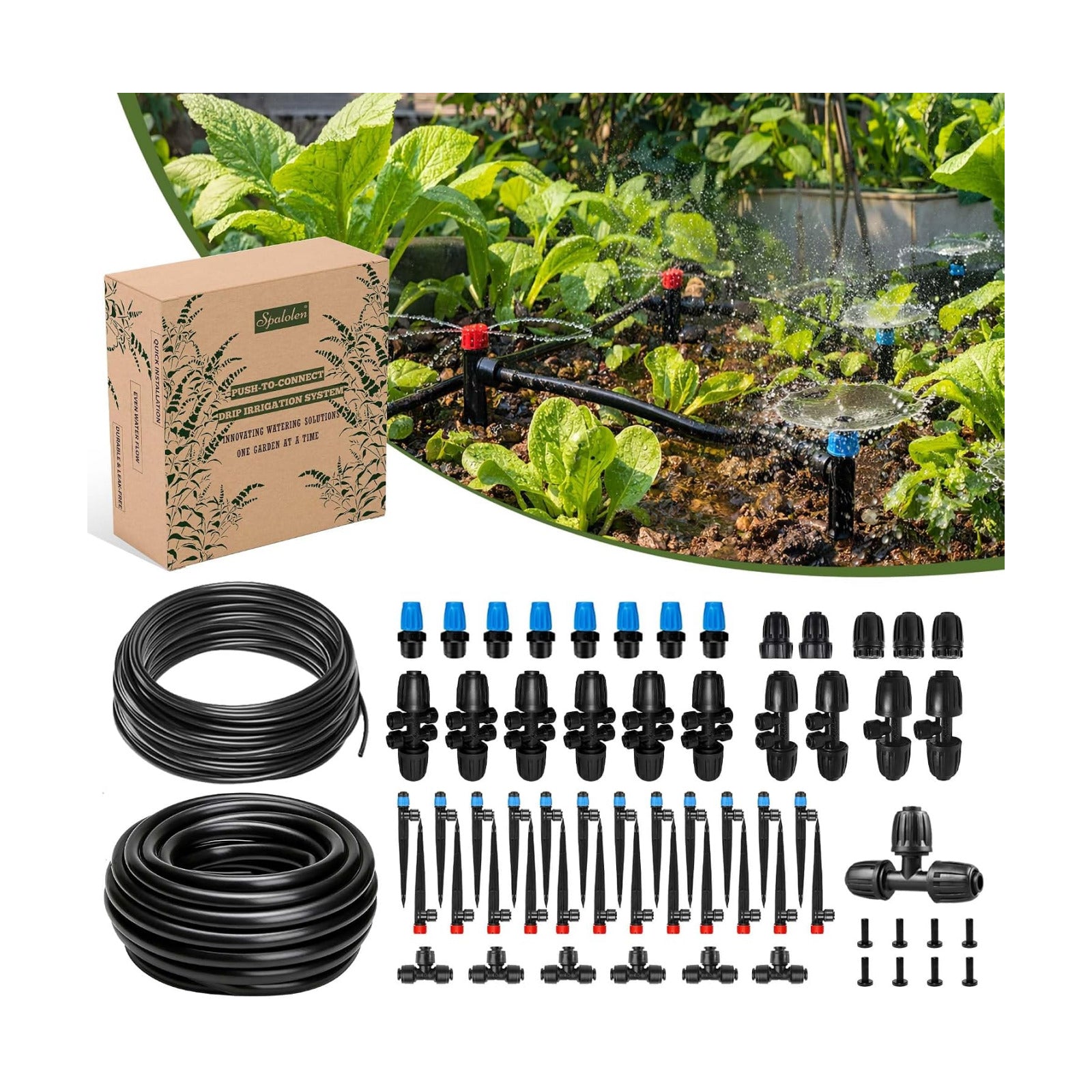 Push-to-Connect Drip Irrigation System Kit, 2-Zone Garden Watering System with 50FT 1/2" Mainline, Leak-Resistant Quick