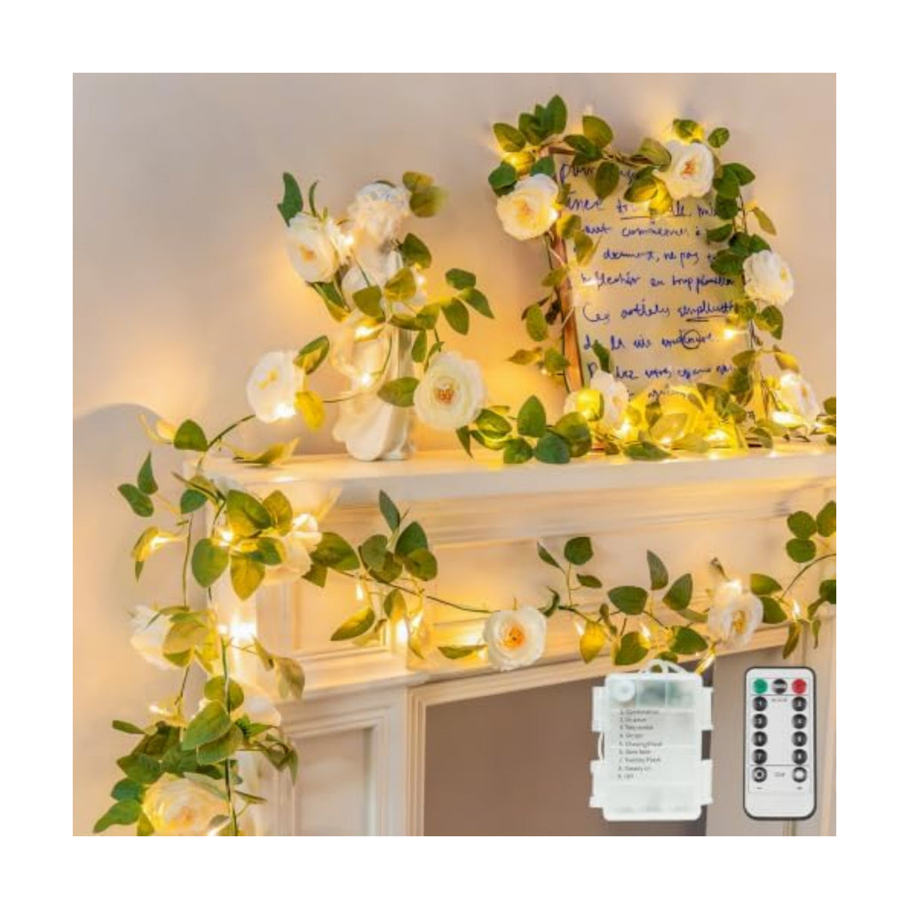 suddus 60LED Garland with White Camellia Lights Battery Operated Clear Wire