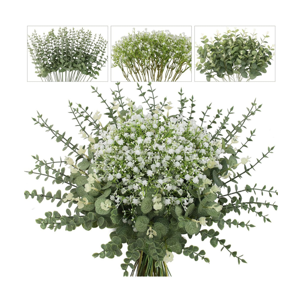 lovemoon 200 Pcs Mixed Greenery Artificial Eucalyptus Stems, Baby Breath Artificial Flowers Bulk and Eucalyptus Leaves for Wedding Bouquets Home Office Floral Decor (200, Green and White)