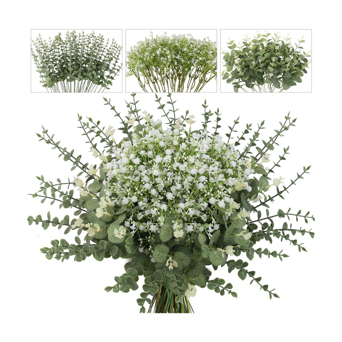 lovemoon 200 Pcs Mixed Greenery Artificial Eucalyptus Stems, Baby Breath Artificial Flowers Bulk and Eucalyptus Leaves for Wedding Bouquets Home Office Floral Decor (200, Green and White)