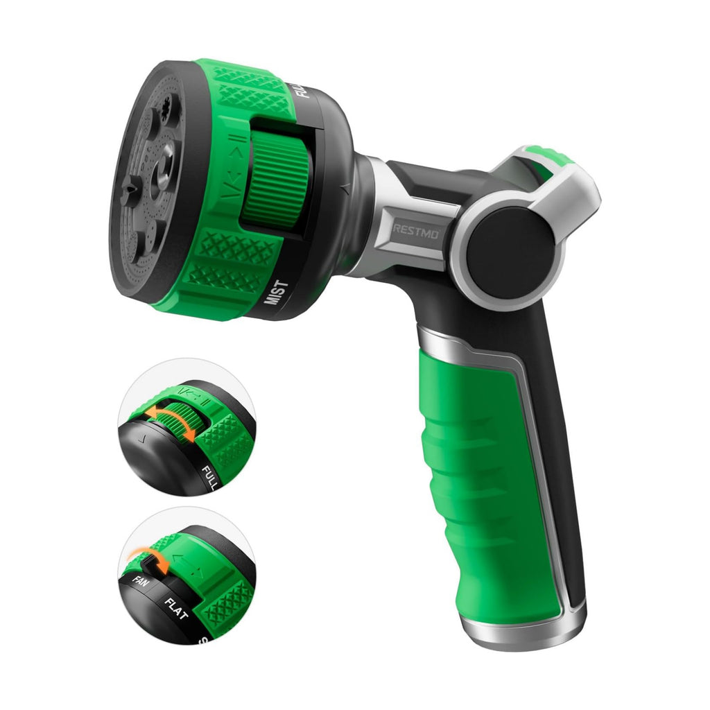 RESTMO Water Hose Nozzle Heavy Duty, Adjustable Garden Sprayer for Outdoor | 2-in-1 Twist Control, 9 Spray Patterns