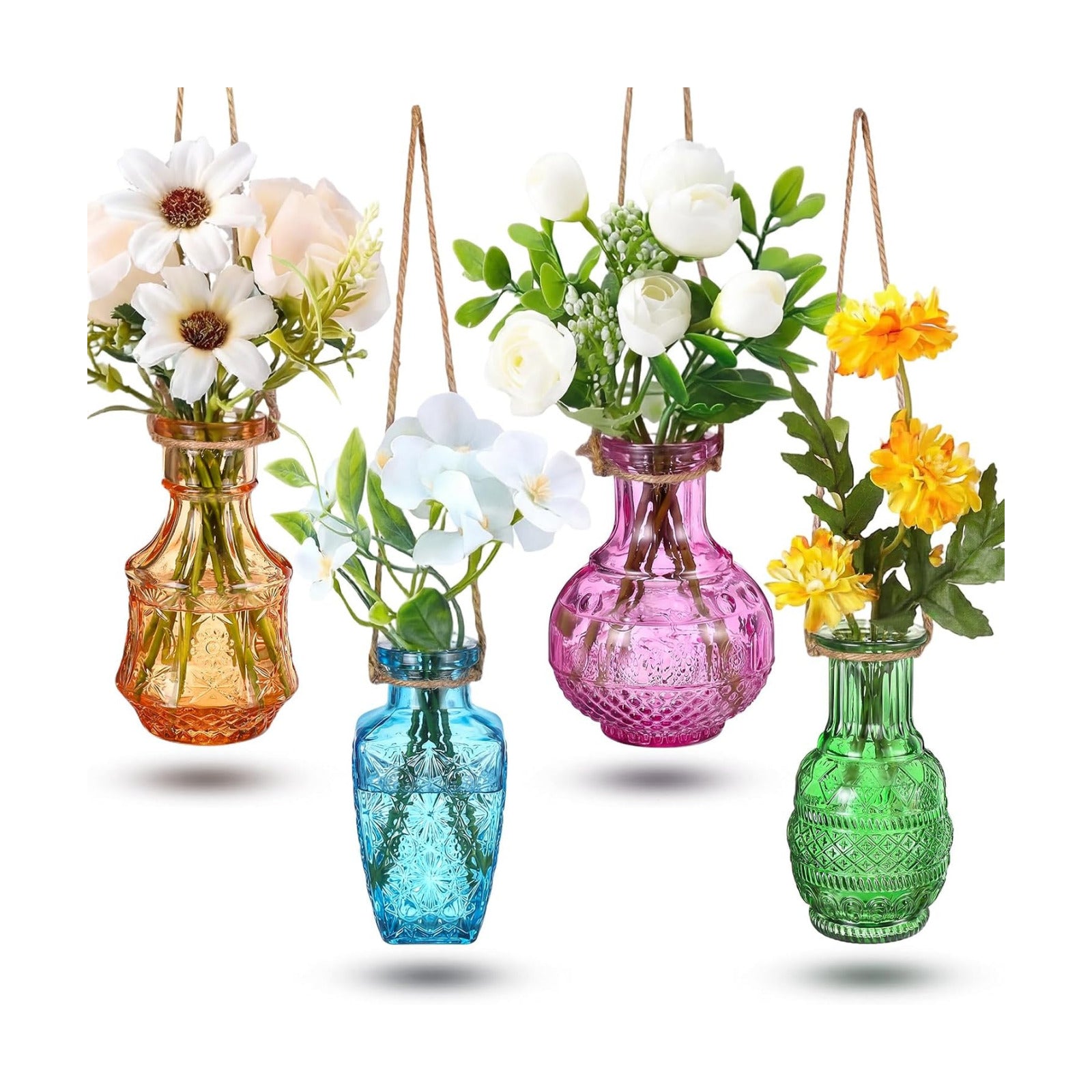 4 Pcs Stained Glass Hanging Vases Hanging Glass Planters Small Plant Terrarium Pot Containers with Rope for Garden Home
