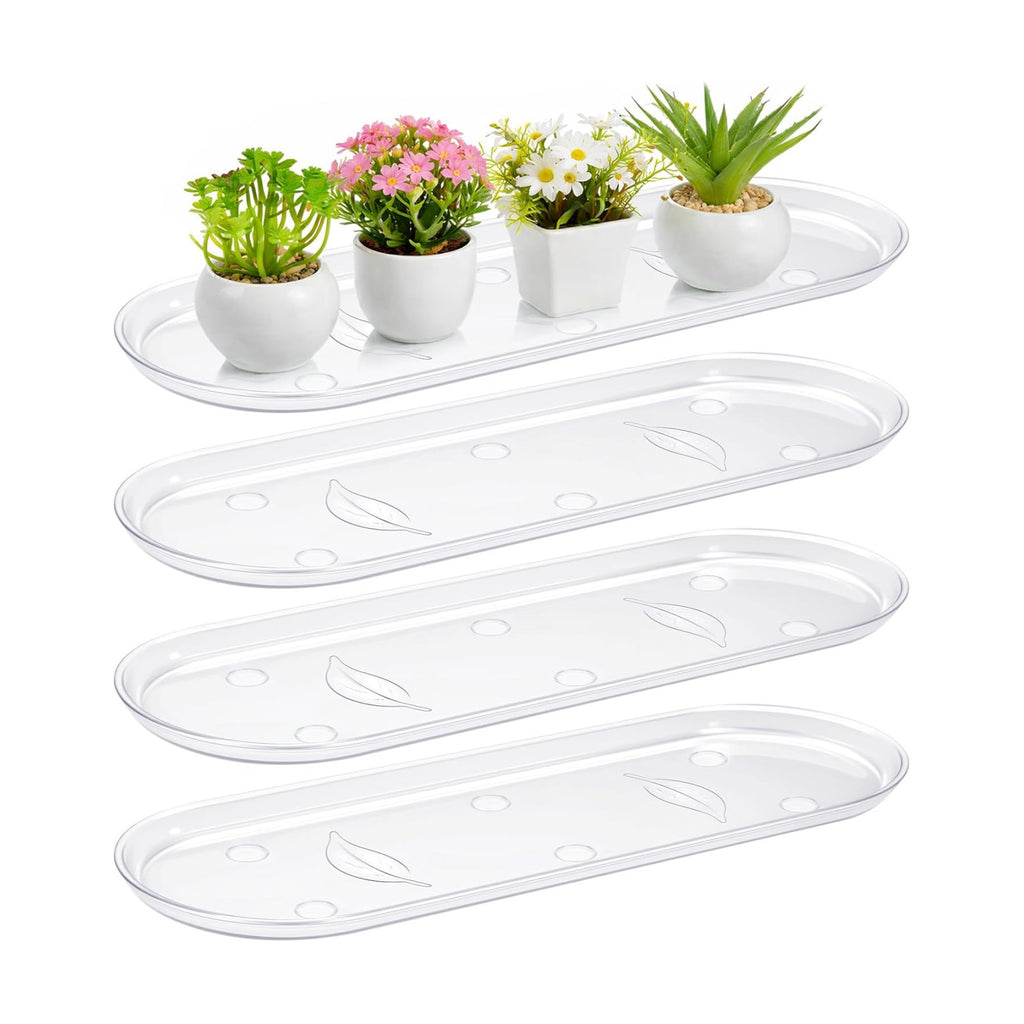 4 Pcs 17.7 x 6.1 Inch Plant Trays, Plastic Saucers for Window Sills, Clear