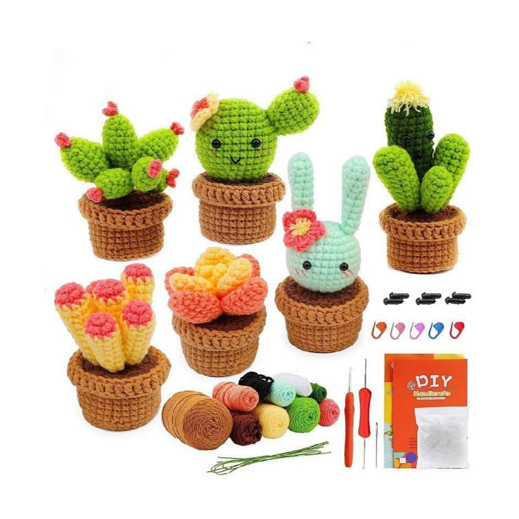 DIY Crochet Kit for Beginners, Potted Cactus Plants Set with Yarn, Hooks, Stitch Markers, Stuffing