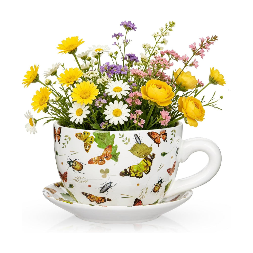 Ceramic Teacup Planter Pot with Saucer - 5.9 Inch Coffee Cup Shaped Plant Pot with Drainage Hole Butterfly Insect