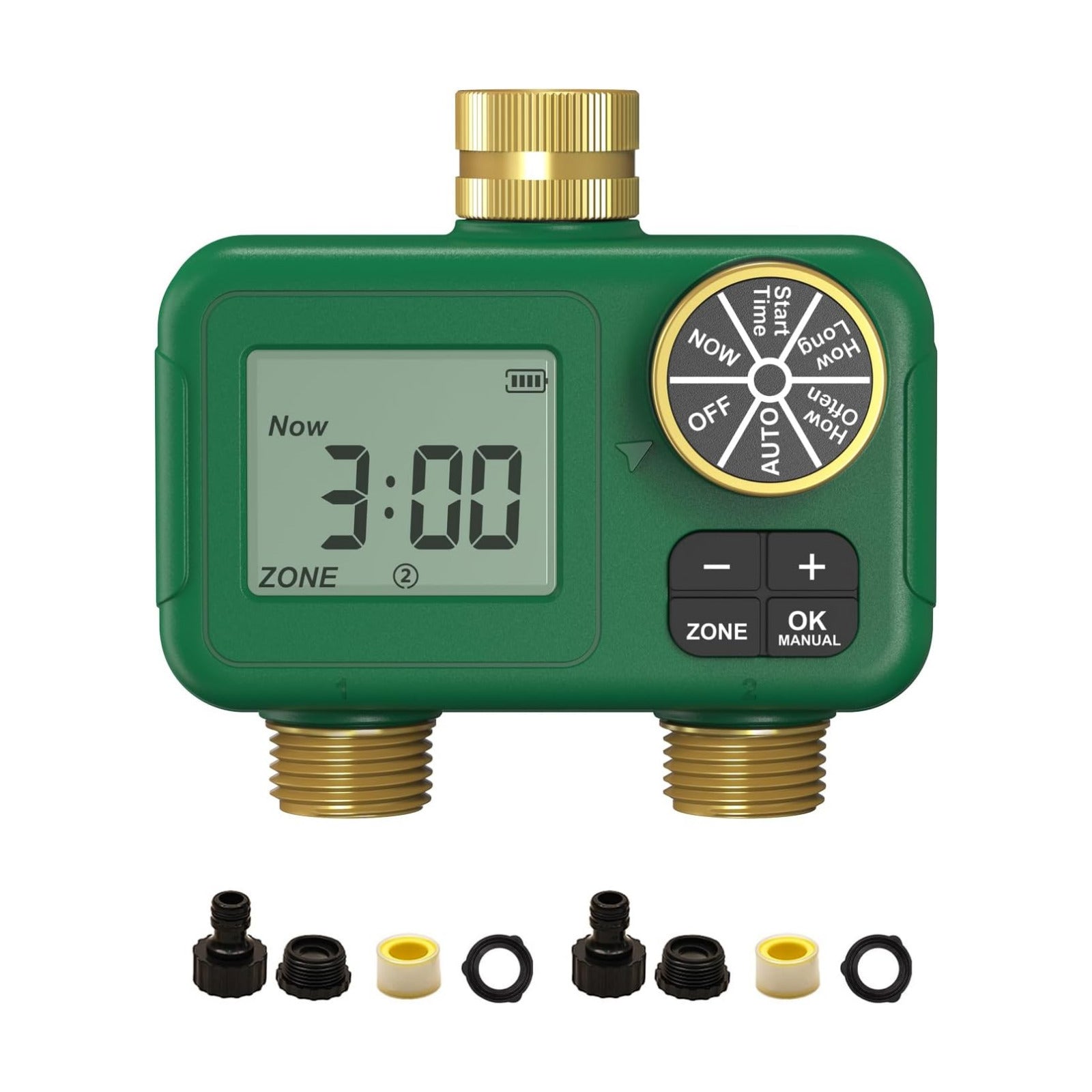MOES 2 Zone Water Timer, Brass Fittings, Rain Delay, No Wi-Fi Required | 2 Independently Programmable Outlets With 3/4