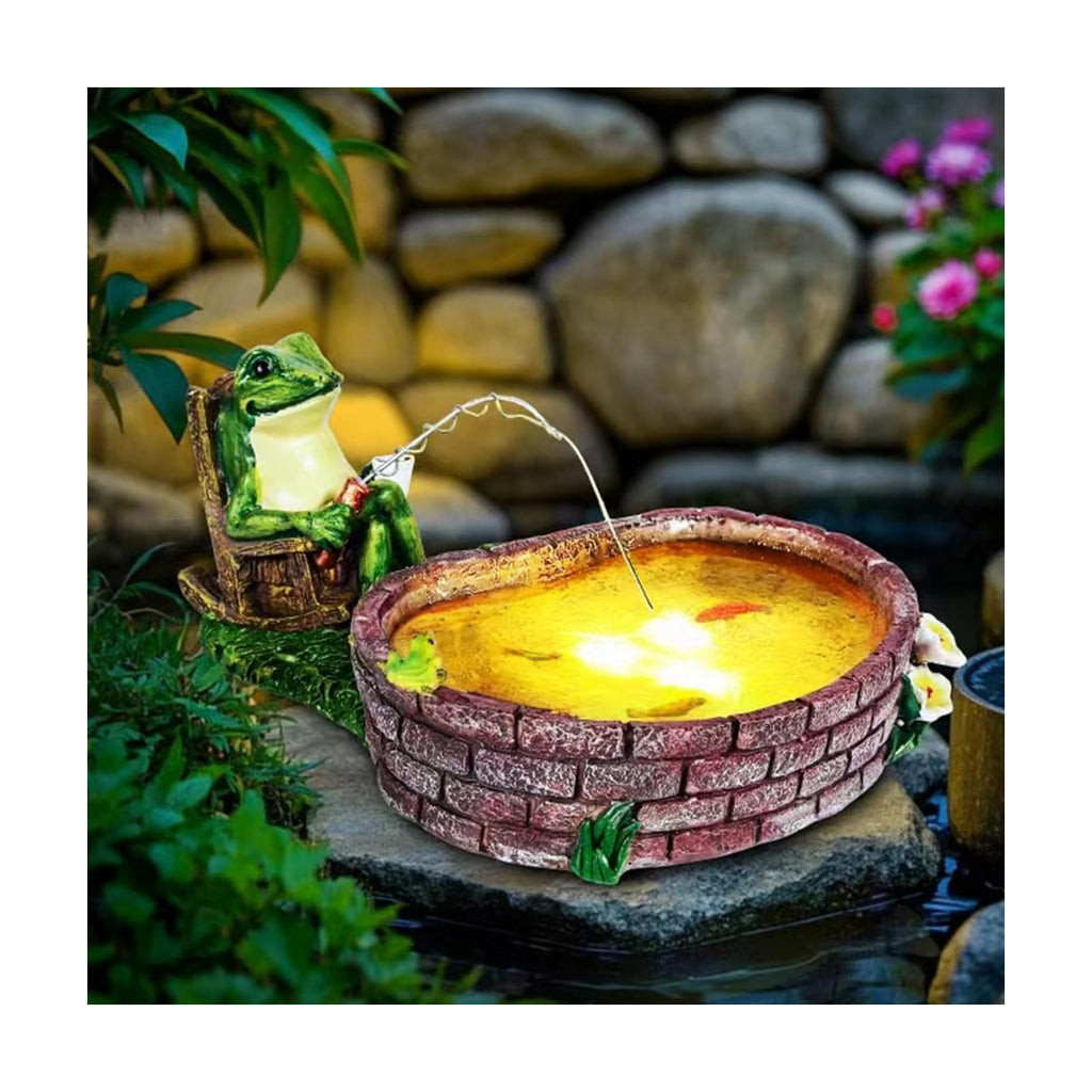 Solar Frog Fishing Statue Frog Garden Decor Lawn Ornament | Made Of Weather-Resistant Resin，Solar-Powered Led-Lit Fish