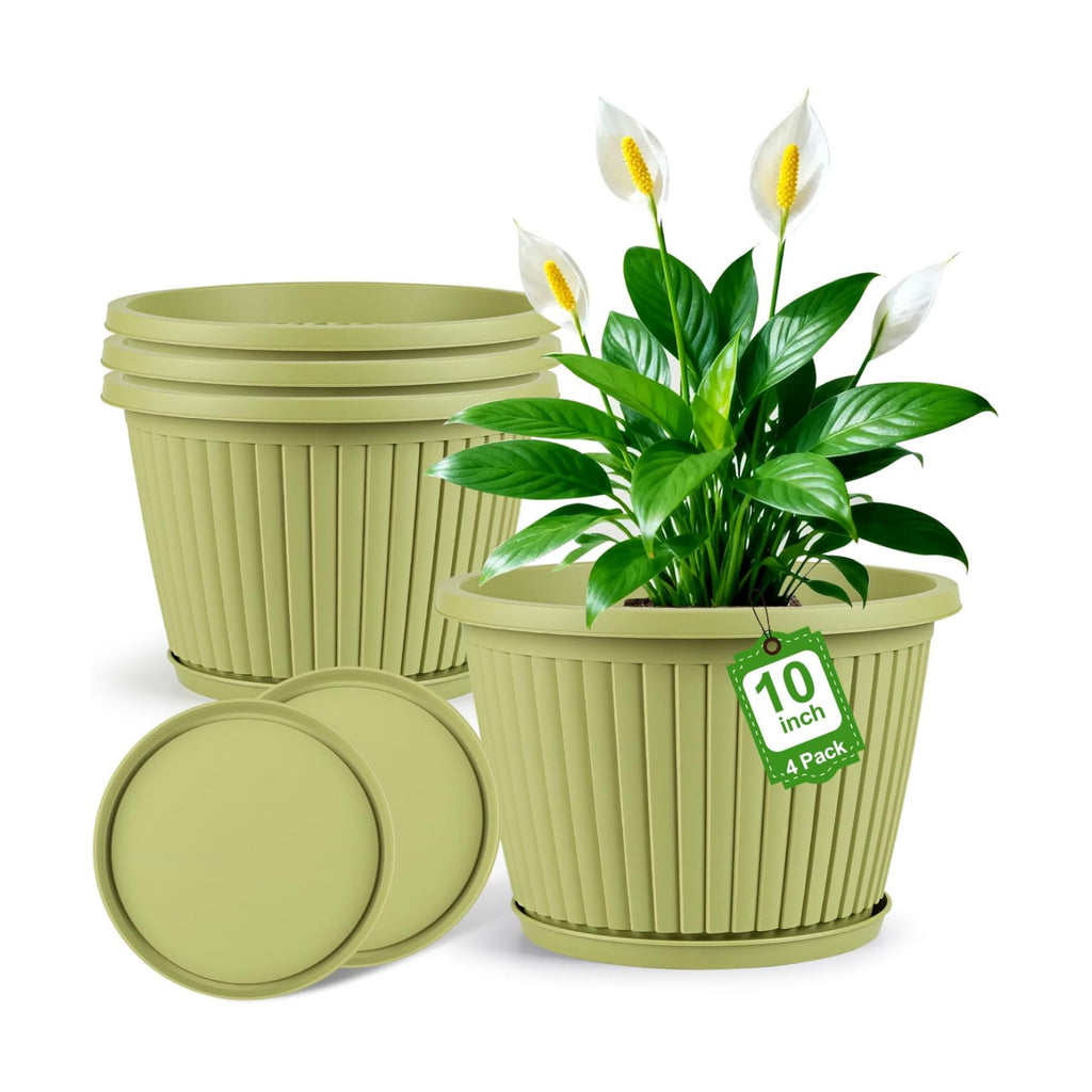 10-inch-Planters-for-Outdoor-Plant，Plastic Indoor Flower Pots with Drainage Holes & Saucer，4 Packs Decorative Garden