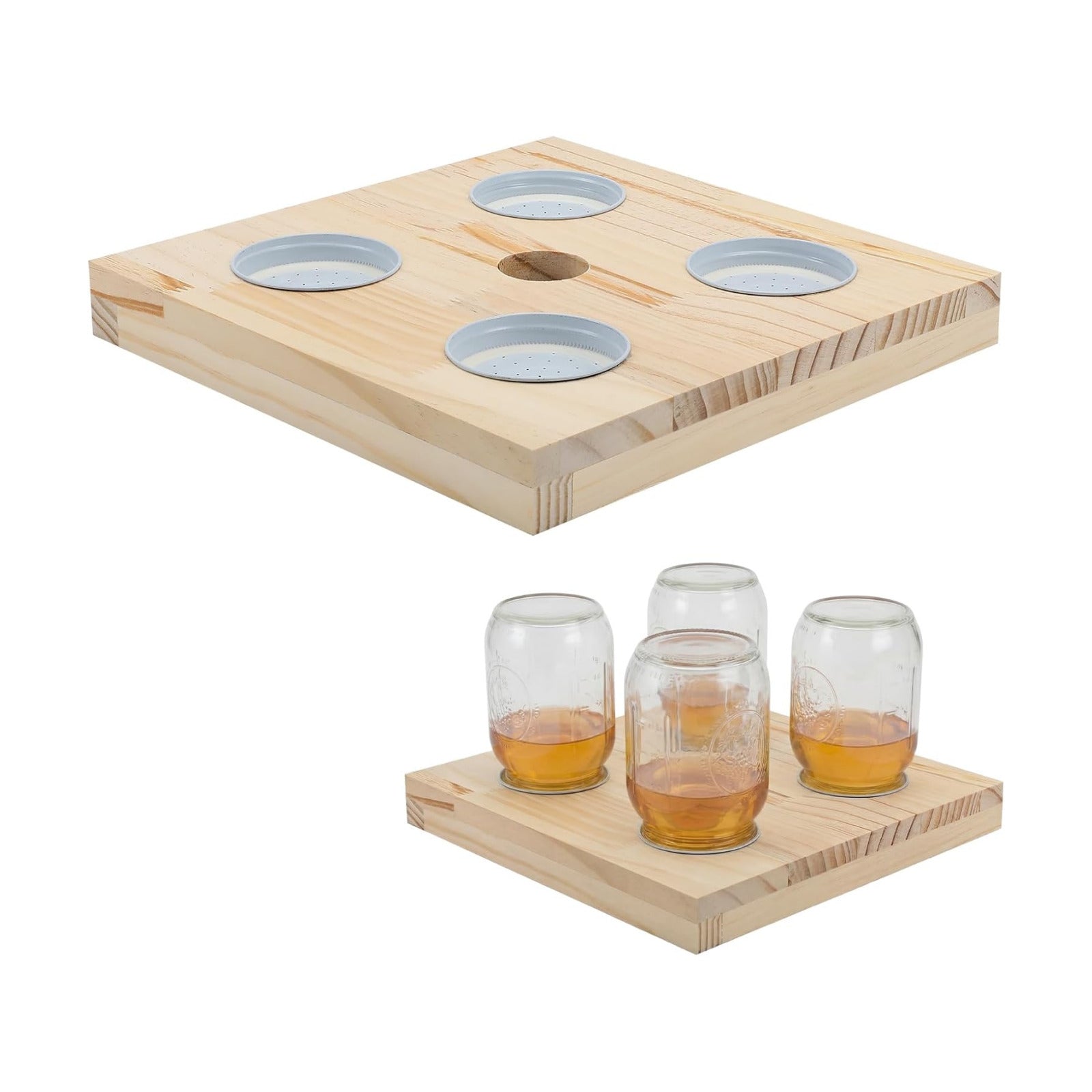 Rtteri 1 Pcs Bee Feeders for Hives with 4 Lids Wooden Honey Mason Jar Beehive Entrance Feeder for Beekeeping Bee