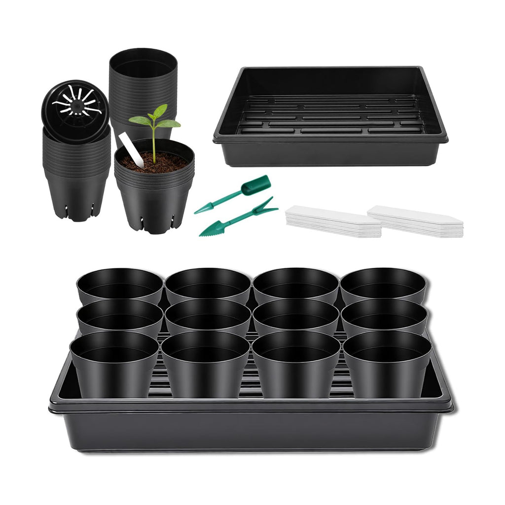 Seed Starter Tray Kit 60-Pack 3.4 Inch Round Nursery Pots | 5 Seedling Trays, 100 Plant Labels & 2 Transplanting Tools