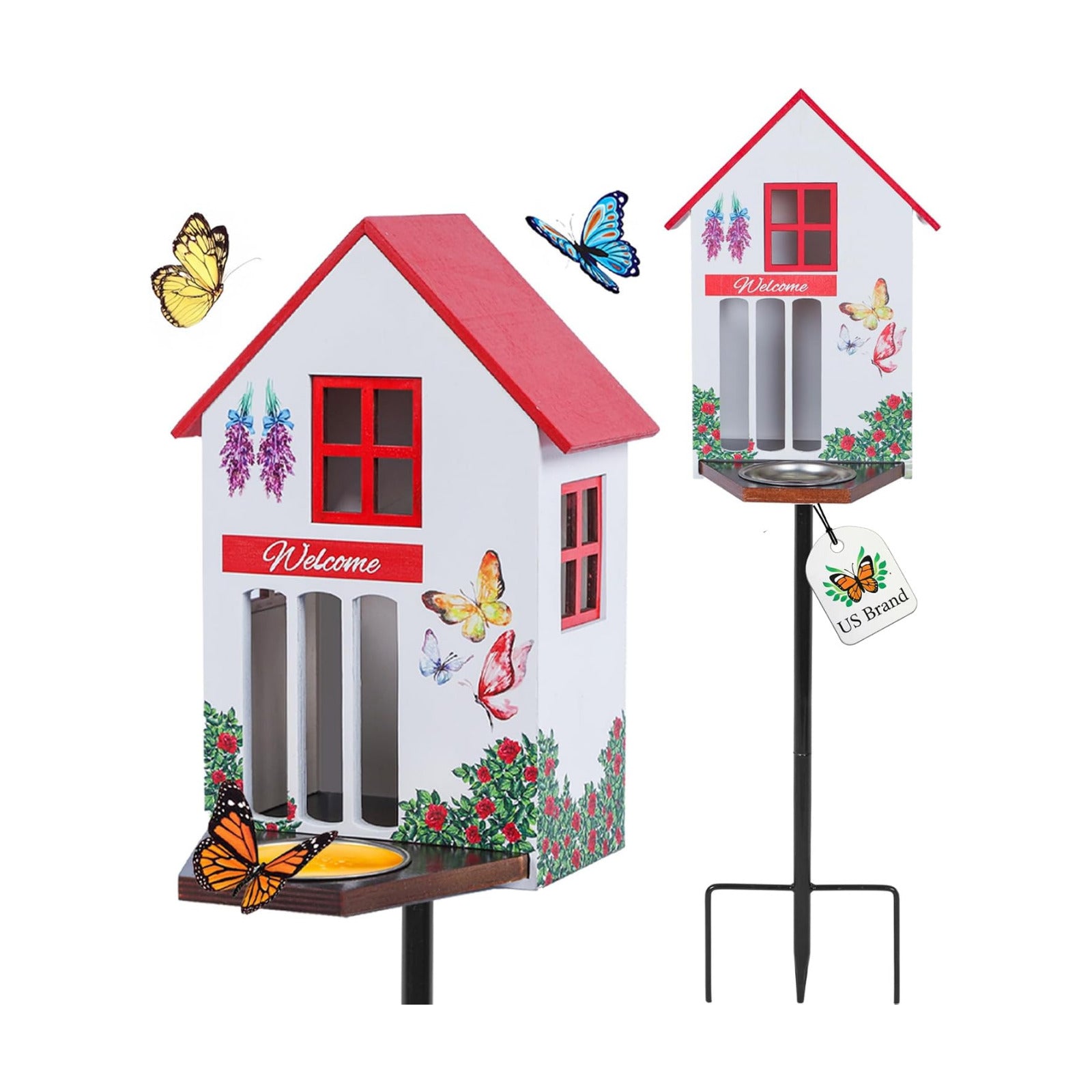 Butterfly House and Feeder for Outside - Wooden Butterfly Shelter with Metal Stake for Garden - 3 Mount Options