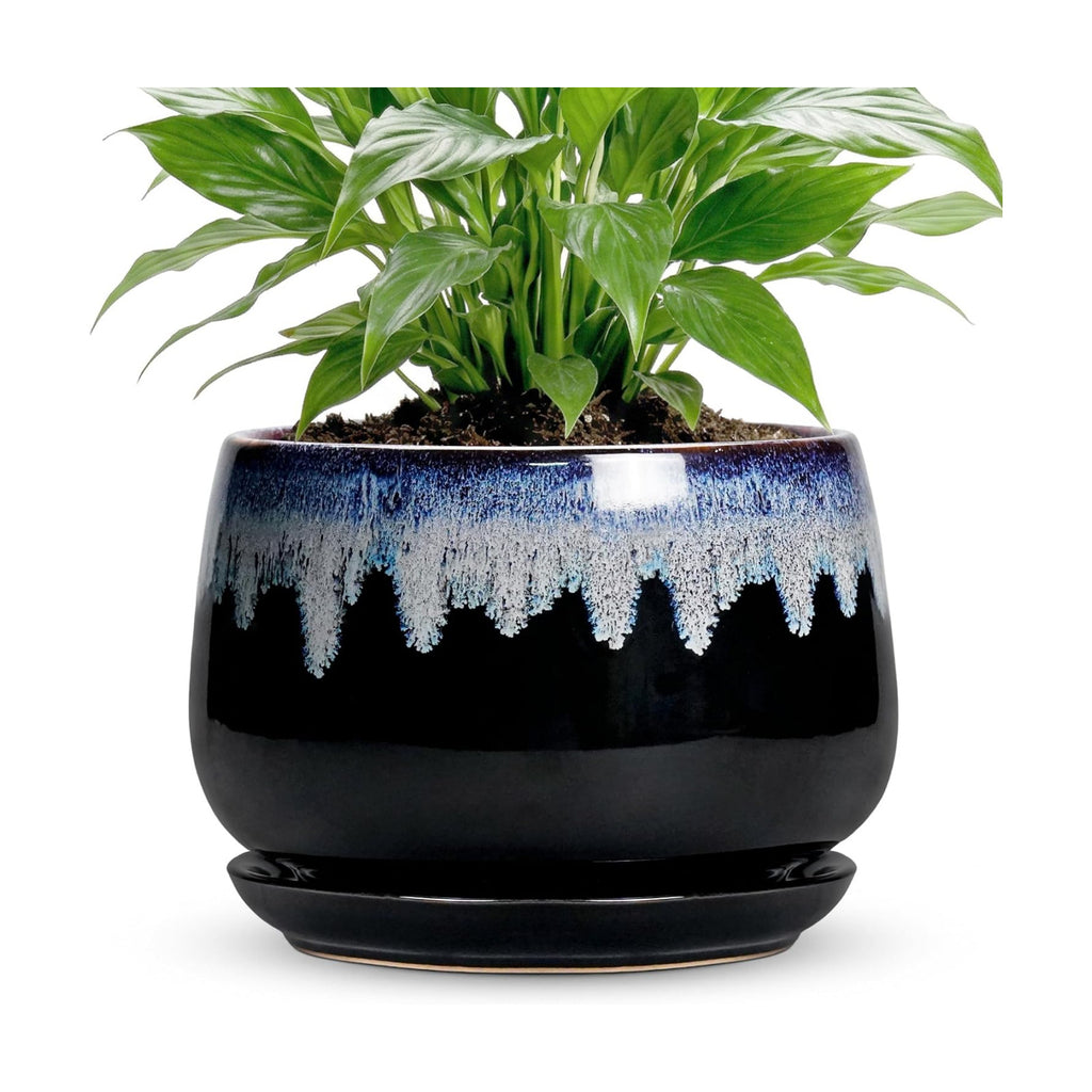 Ceramic Plant Pots 7 Inch - Ceramic Planter with Drainage Hole and Saucer, Decorative Flower Pots for Indoor Plants