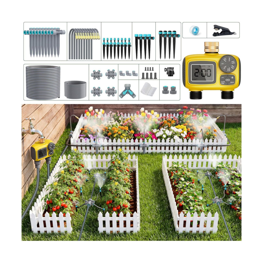 172FT Drip Irrigation System Kit with 2 Zone Water Timer for Garden | 1/2" High-Flow Mainline Auto Watering, 26pcs 360°