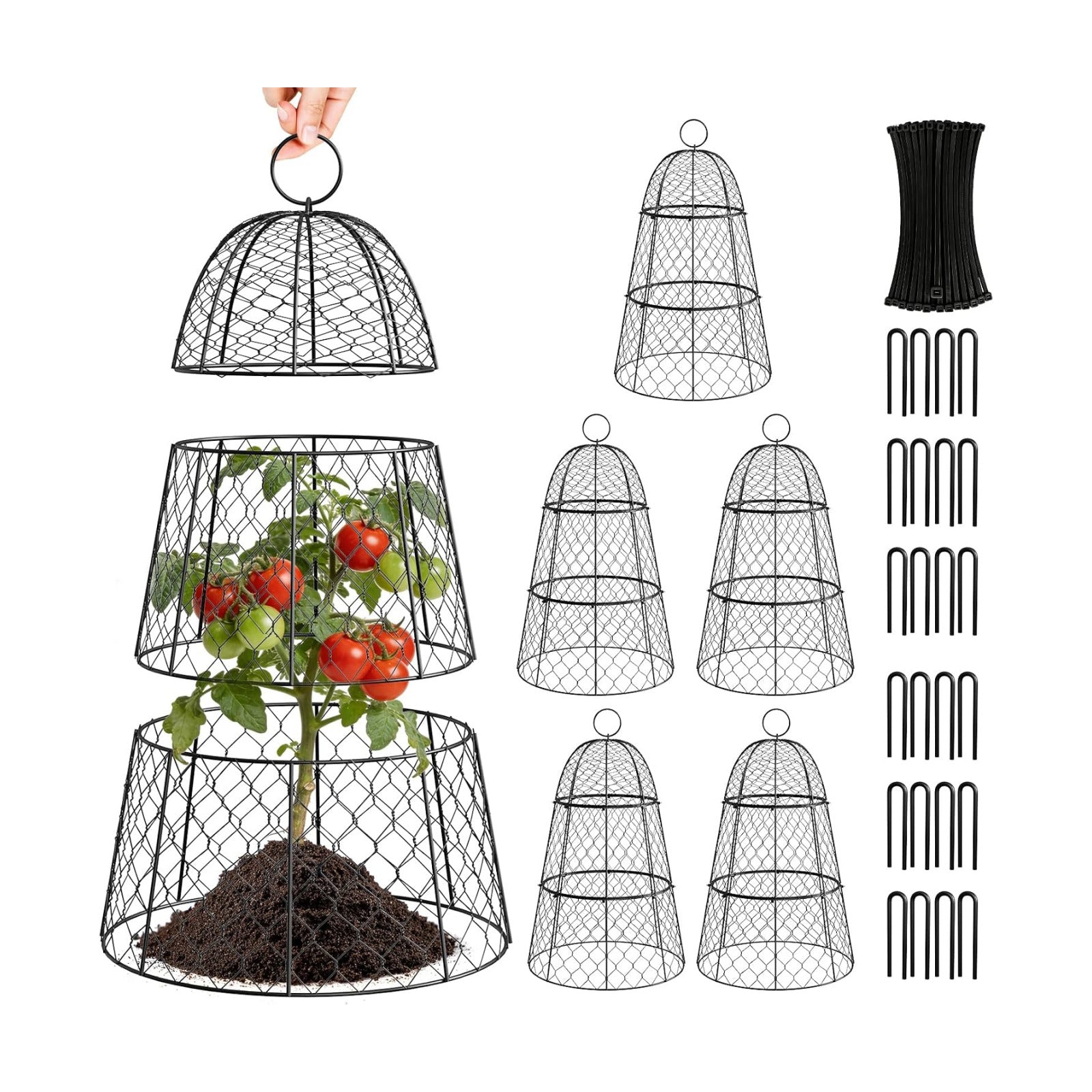 6 Pack Garden Cloche Plant Protectors from Animals, Adjustable 3-Tier Chicken Wire Plant Cages for Outdoor Plants