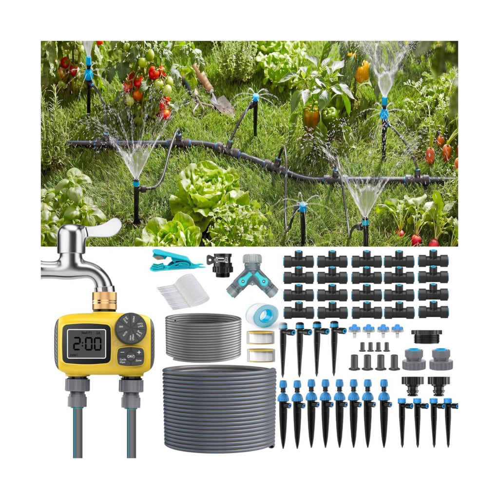 150FT Drip Irrigation System Kit with 2 Zone Water Timer for Garden | High-Flow Mainline Automatic Watering System