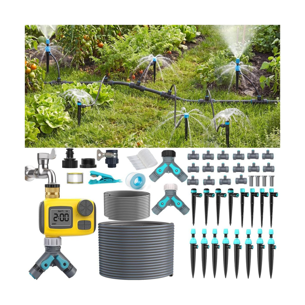 100FT Drip Irrigation System Kit with Water Timer for Garden | 1/2" High-Flow Mainline Auto Irrigation System, 16pcs