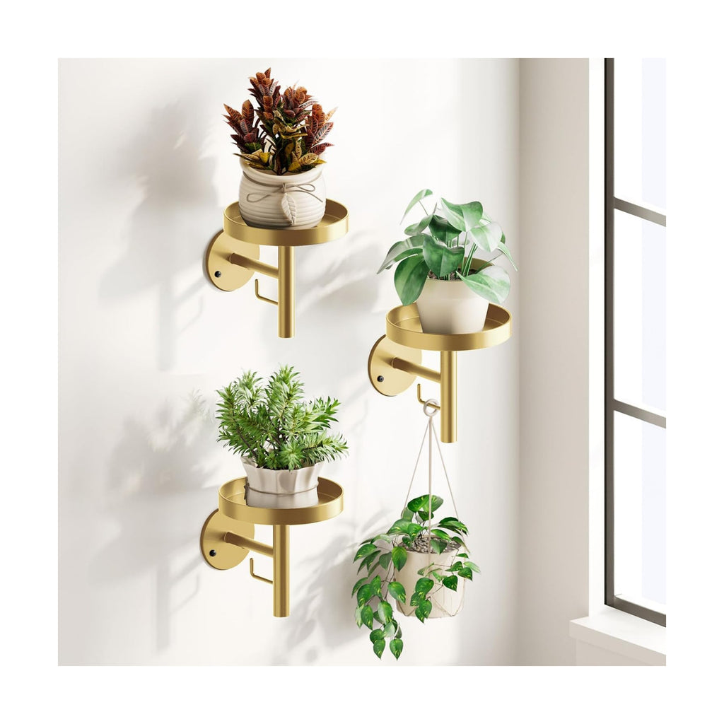 DELLAN Wall Plant Holder, 3-Pack Floating Shelves for Plants, All Gold | Wall mounted indoor hanging plants shelf &