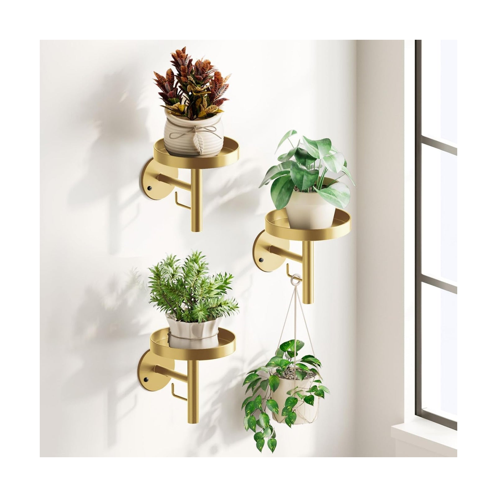 DELLAN Wall Plant Holder, 3-Pack Floating Shelves for Plants, All Gold | Wall mounted indoor hanging plants shelf &