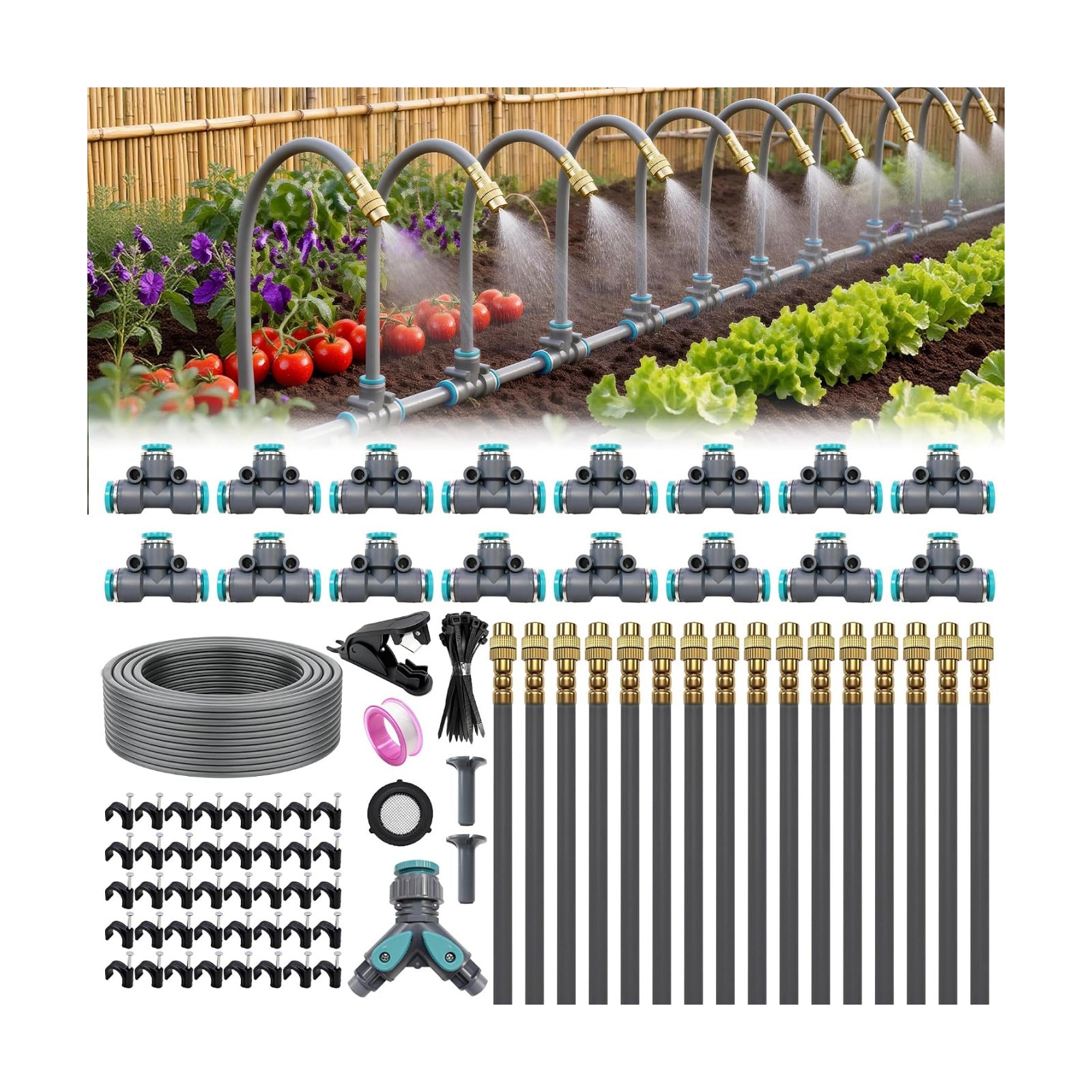 Drip Irrigation System 100FT 1/4", 360°Adjustable Garden Watering System with 16pcs Copper Nozzles, Drip Irrigation Kit