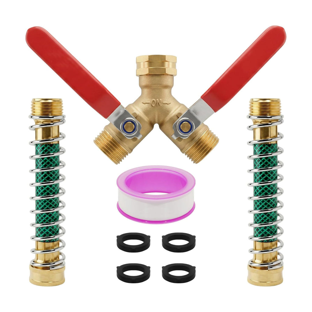 Garden Hose Splitter 2 Way, Heavy Duty Brass Y Valve Water Hose Splitter With Stainless Steel Long Handle Outdoor Full