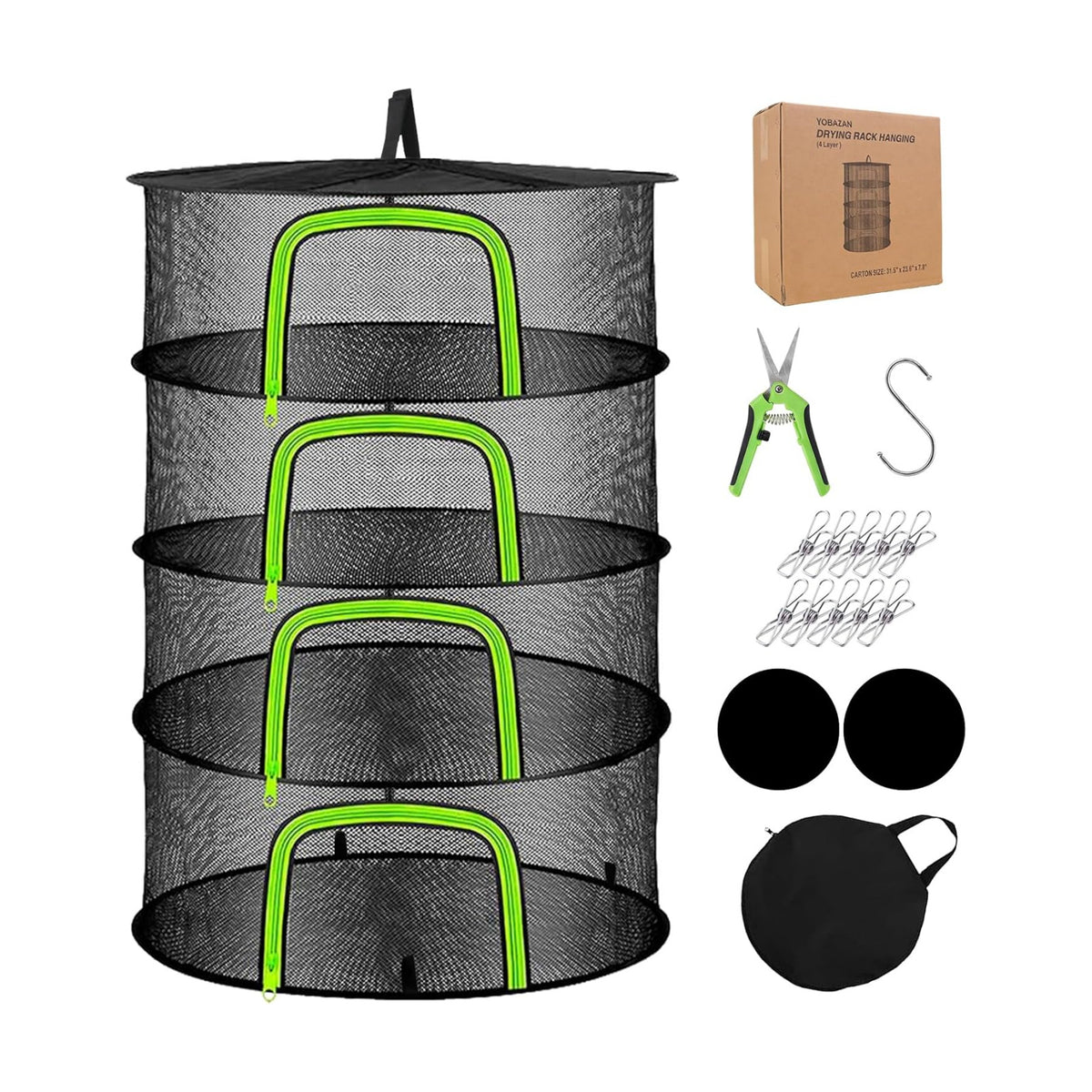 4 Layer Herb Drying Rack, Hanging Mesh Net, Foldable Plant Drying Rack With U-Shaped Zipper, Garden Trimming Shears and Hooks, For Drying Herbs Plants, Fruits, Seafood, Clothing(4 Layers-23.62'')