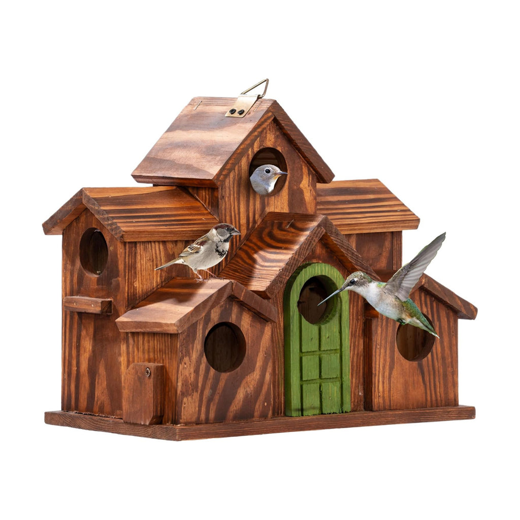 MIXUMON Bird House Outdoor, 6-Room Wooden Birdhouse for Outdoors & Outside, Carbonized Pine Wood Bird Houses with 1.57”