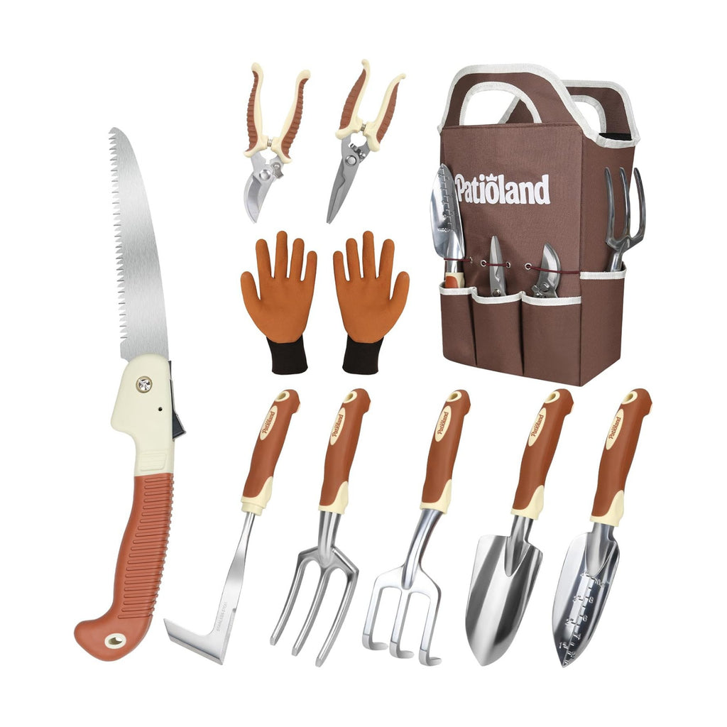 Brown Garden Tools Set 10-Piece, Gardening Gifts for Women Men | Aluminum, Heavy Duty Gardening Hand Tools With