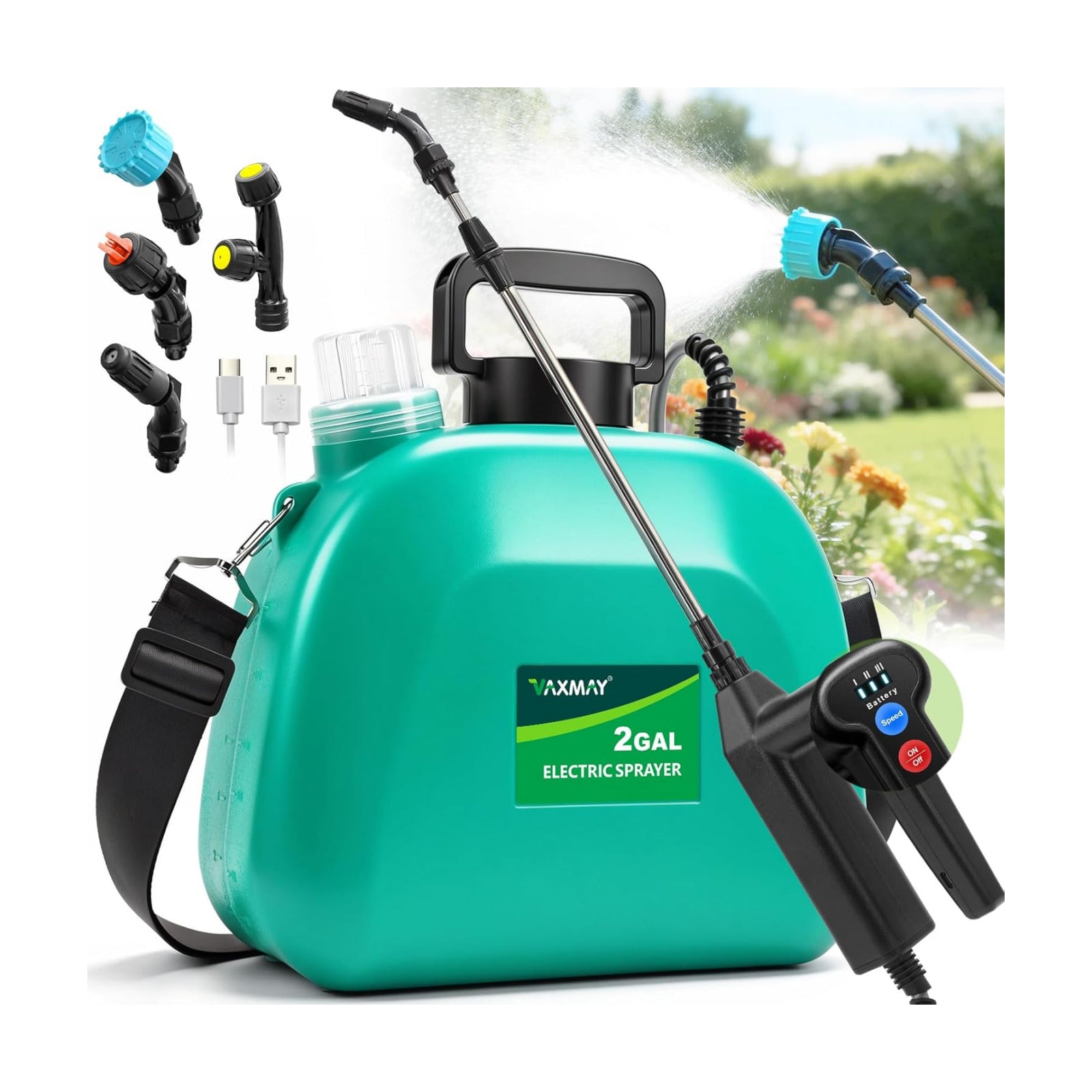 VAXMAY Battery Powered Sprayer 2 Gallon, Upgrade Electric Garden Sprayer with 3 Adjustable Speed, Battery Indicator, 4