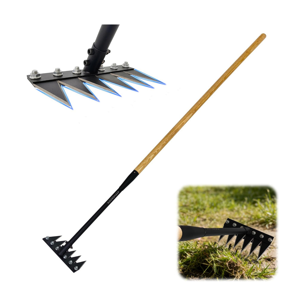 Gardenia Weeding Rake 2.0,60"Forged Iron Weeding Rake, Uproots Tough Weeds | Exclusive Double-Edged Thick 6-Tine Rake