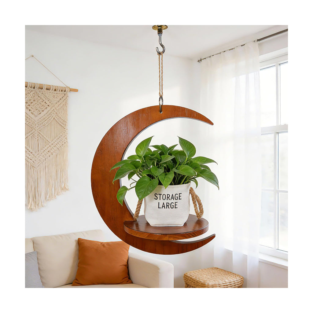 Moon - Shaped Wooden Hanging Plant Stand, Nordic Modern Window Plant Shelf | Space-Saving Indoor Flower Holder for