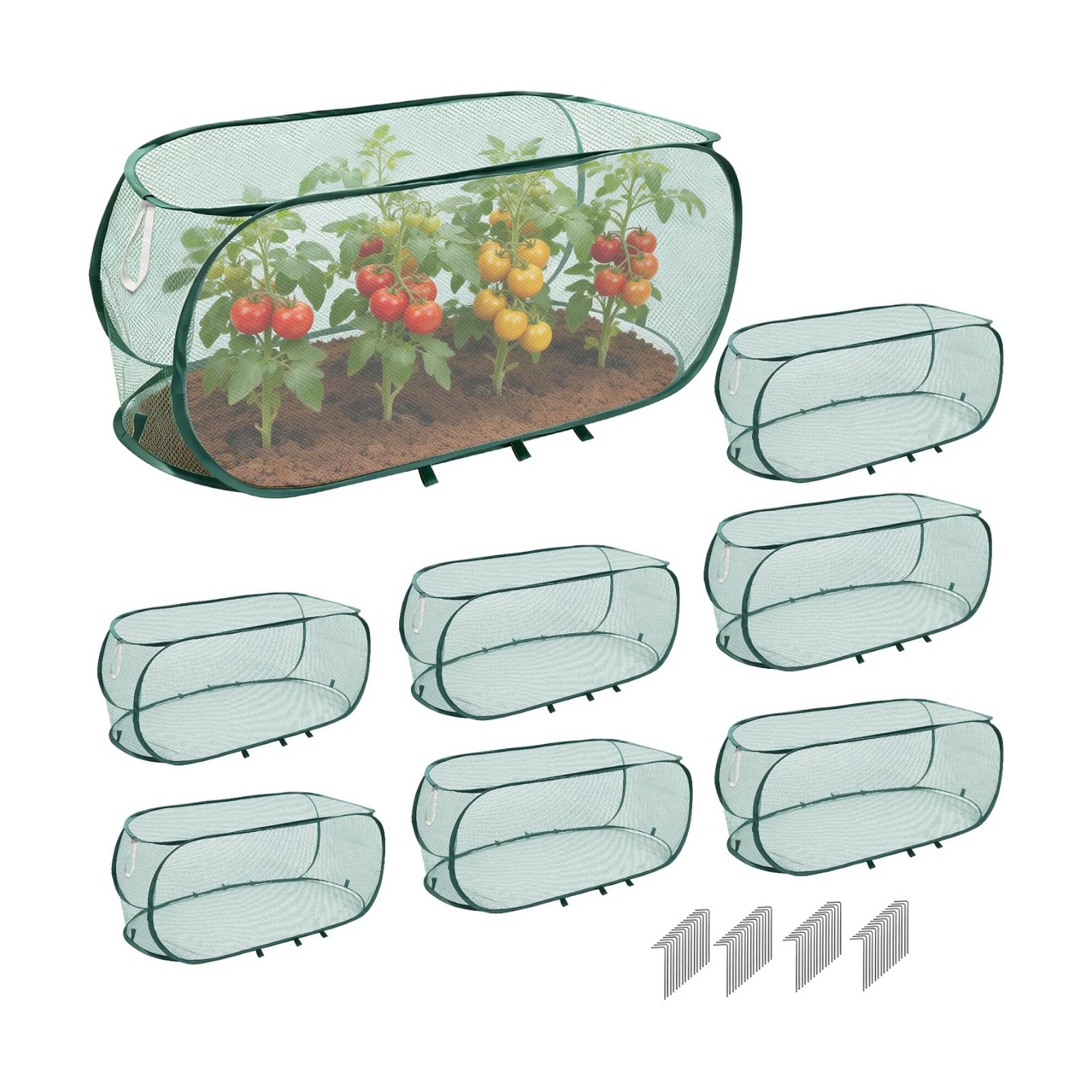 8Pack Garden Covers for Raised Beds, Reusable Pop Up Mesh Plant Covers with Ground Nails, Lightweight Outdoor Crop Cage