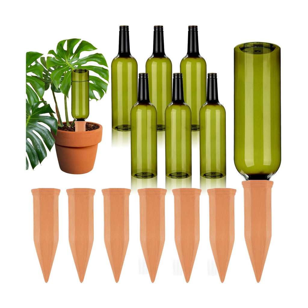 TINSKY 6 Sets Plant Watering Devices Terracotta Self Watering Spikes and 26 Oz Plastic Green Bottles Slow Release