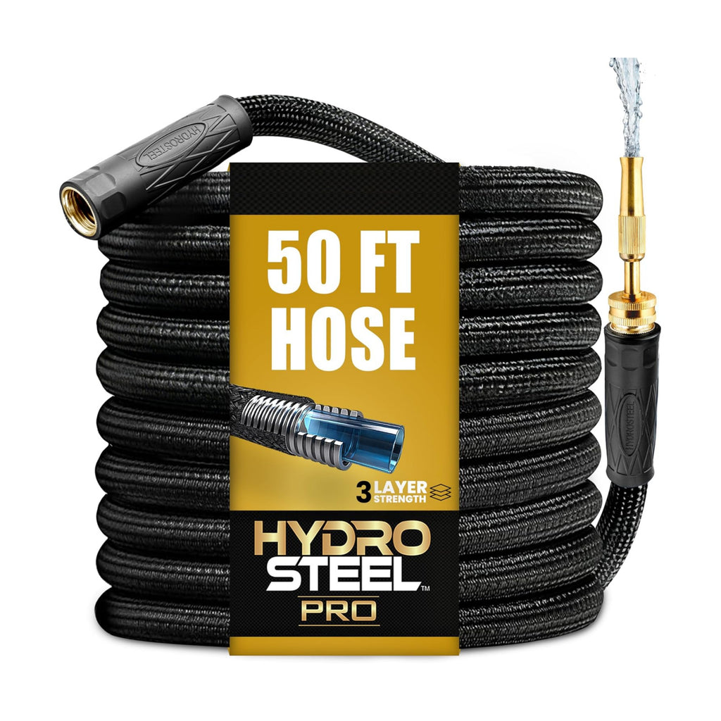 Hydrosteel PRO 50 Ft Heavy Duty Metal Garden Hose with Brass Nozzle | Made from 304 Stainless Steel, Flexible