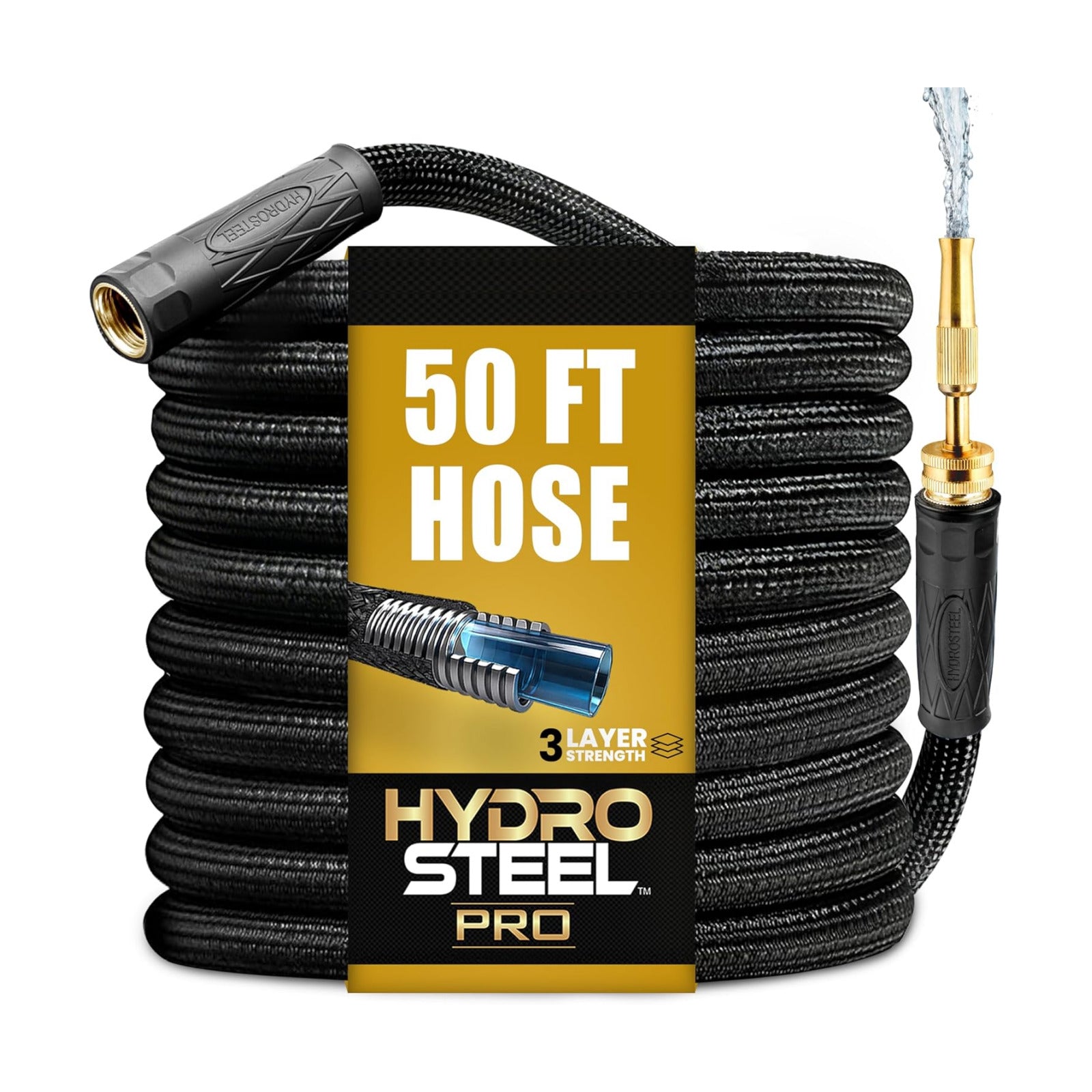 Hydrosteel PRO 50 Ft Heavy Duty Metal Garden Hose with Brass Nozzle | Made from 304 Stainless Steel, Flexible