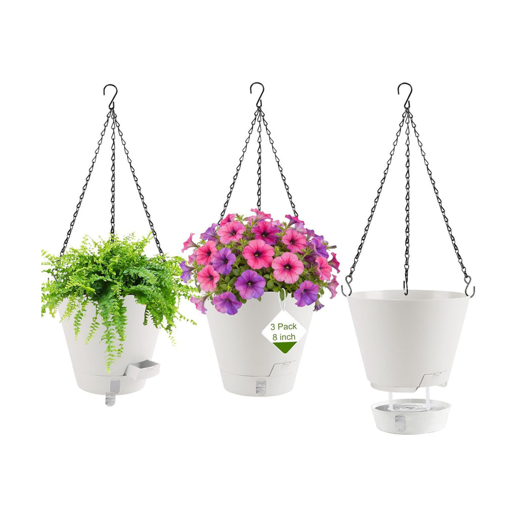 8 Inch Hanging Planters Indoor Outdoor, 3 Pack Plastic Self Watering Plant Pots with Drainage Holes & Saucers, Hanging
