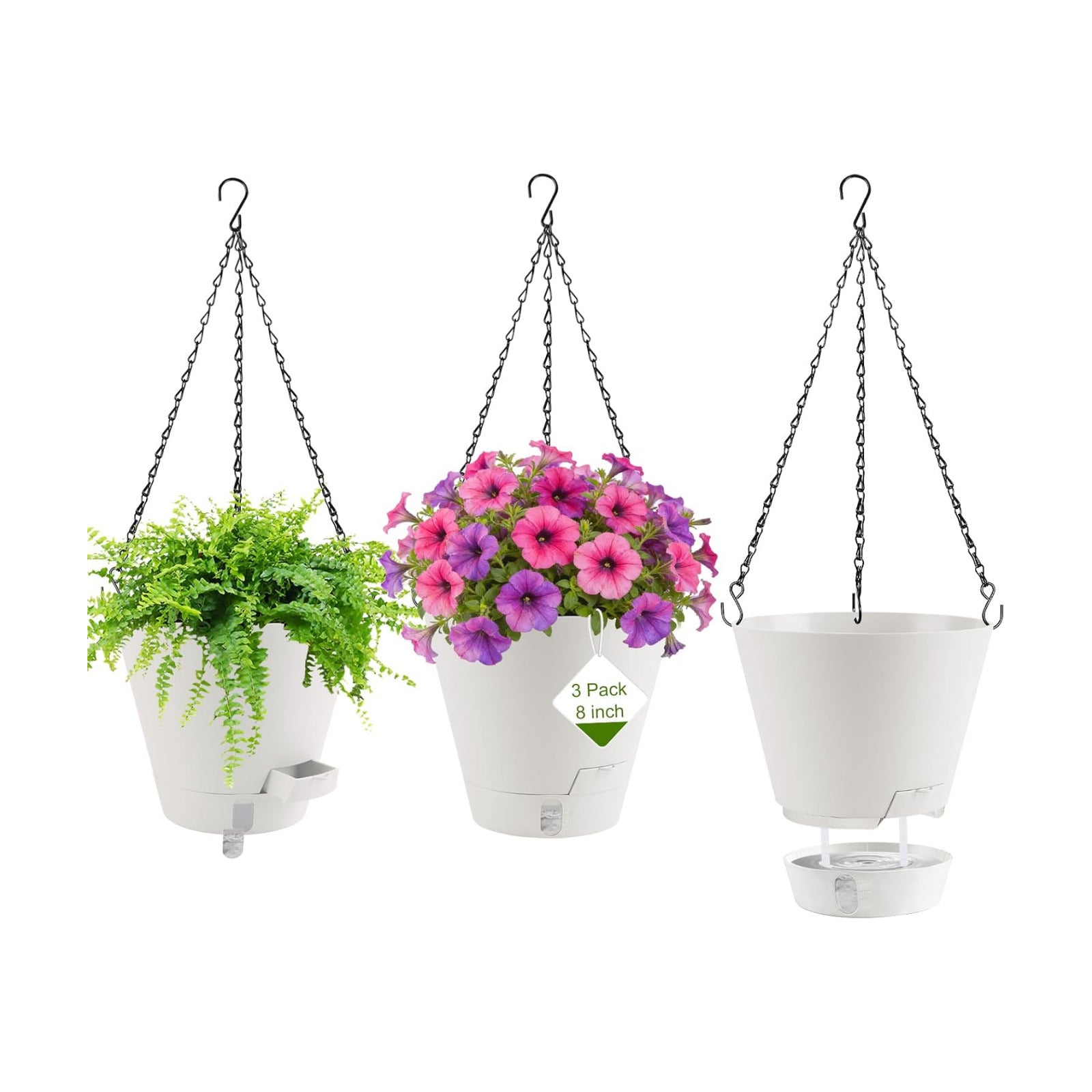 8 Inch Hanging Planters Indoor Outdoor, 3 Pack Plastic Self Watering Plant Pots with Drainage Holes & Saucers, Hanging