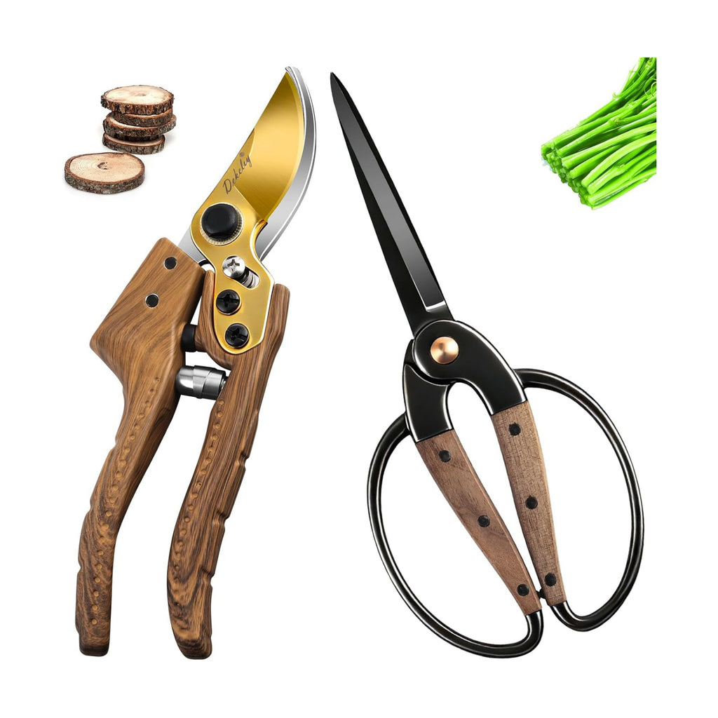 2Pack Garden Pruning Shears Set: Ultra Sharp SK5 Blade Gardening Shears & Precision Garden Scissors,Wood Like&Wide