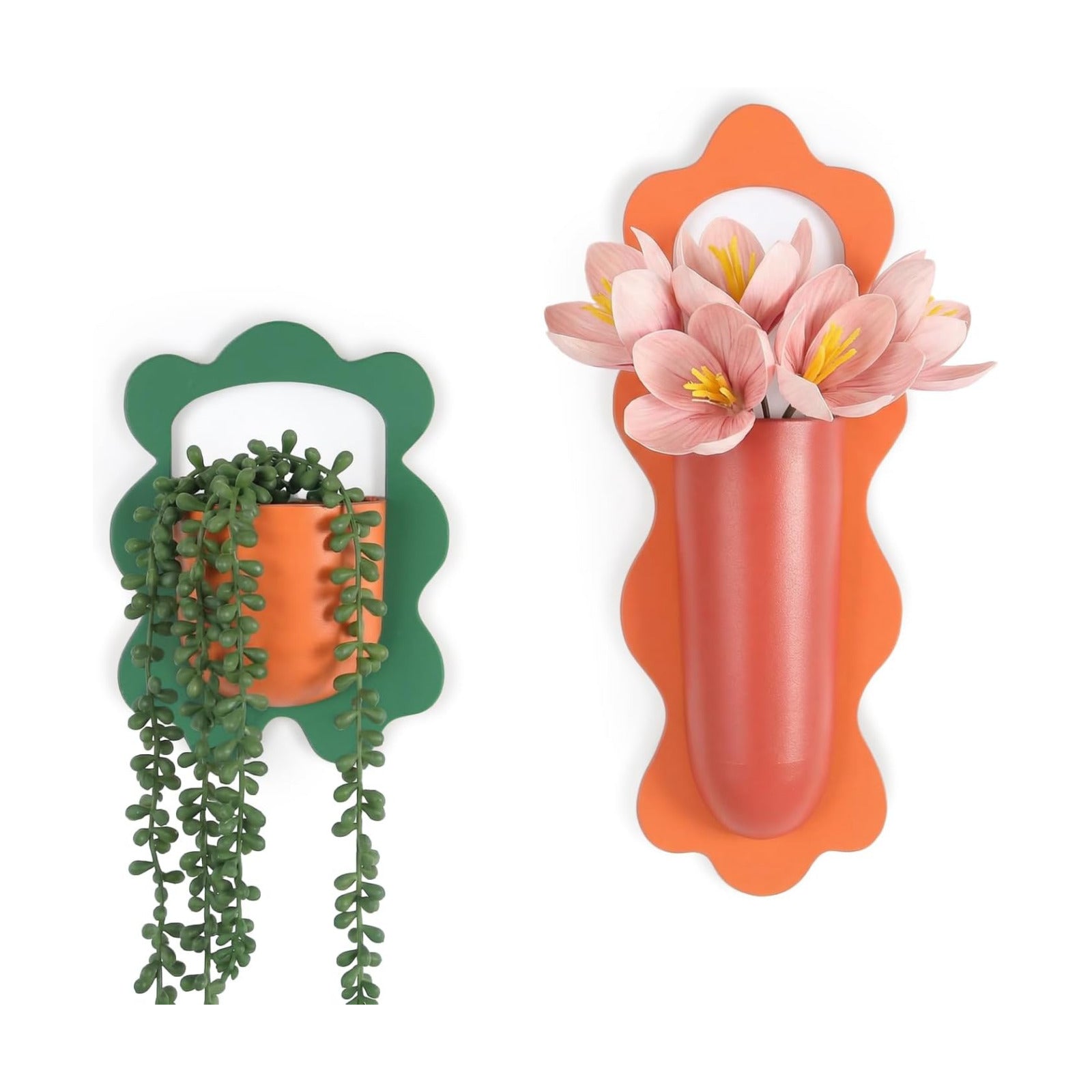 Metal Wall Planters Set of 2, Retro Wavy-Edge Hanging Vases - Orange & Green Red Iron Wall-Mounted Planters for Indoor