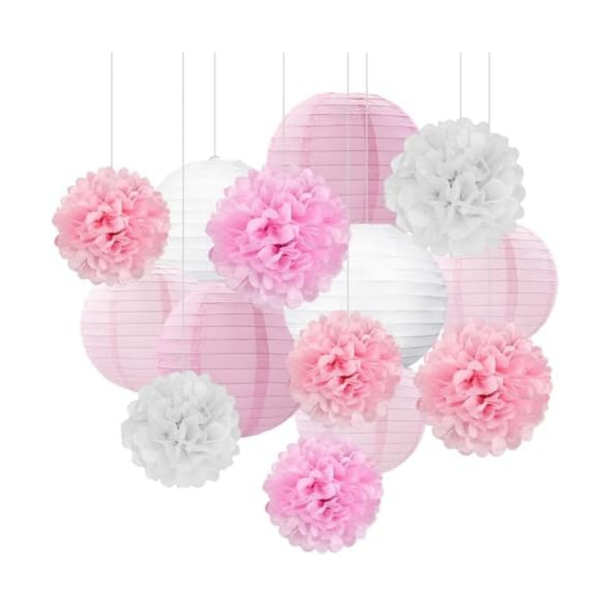 18 PCS Pink White Paper Lanterns & Tissue Paper Pom Poms for Girls Birthday, Baby Shower, Wedding, Bridal Shower, Hanging Paper Decor, Party Decoration Set for Indoor Outdoor Events Party Supplies