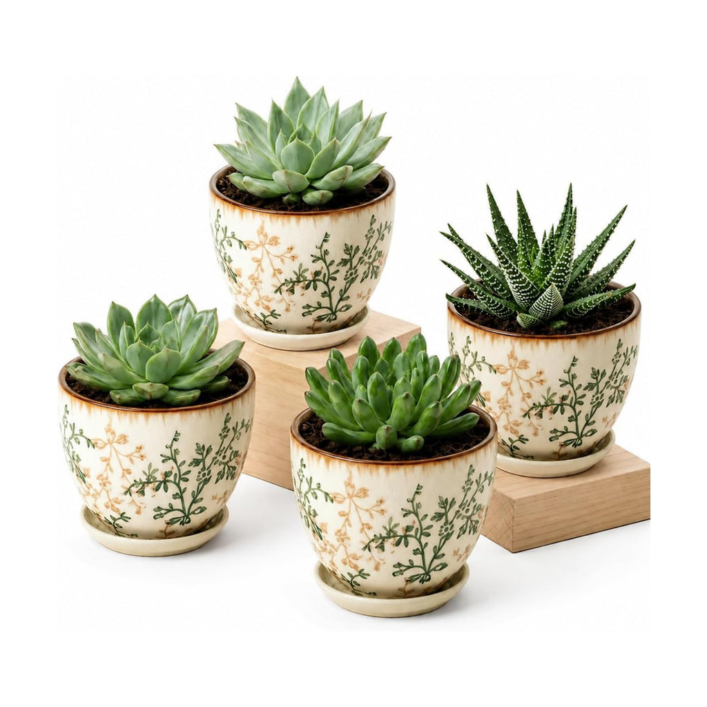 Ceramic Plant Pots, Vintage Succulent Pots, Plant Pots Indoor Set of 4, Planters with Drainage and Attached Saucer, 4.8