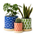 Ceramic Plant Pots, Indoor Planters - Set of 3 | Flower Pots for Plants with Drainage Hole & Saucer, Geometric Home