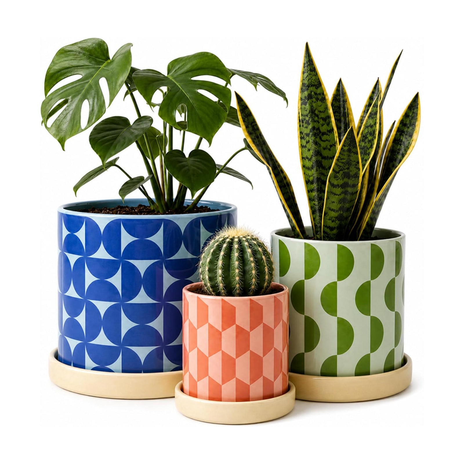 Ceramic Plant Pots, Indoor Planters - Set of 3 | Flower Pots for Plants with Drainage Hole & Saucer, Geometric Home