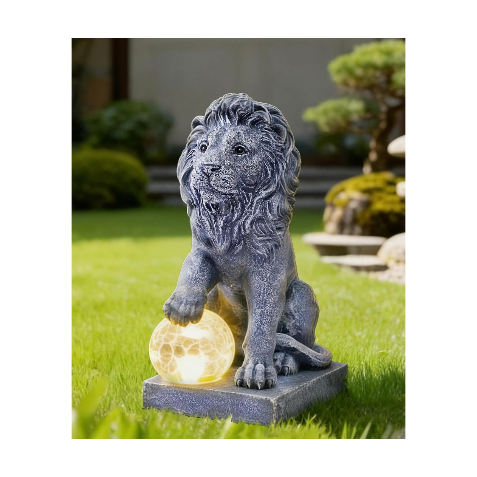 Guardian Lion Outdoor Statues for Garden with Solar Ball (Grey) | 9.45in IP65 Waterproof,Outside Decor, Yard Art Lawn