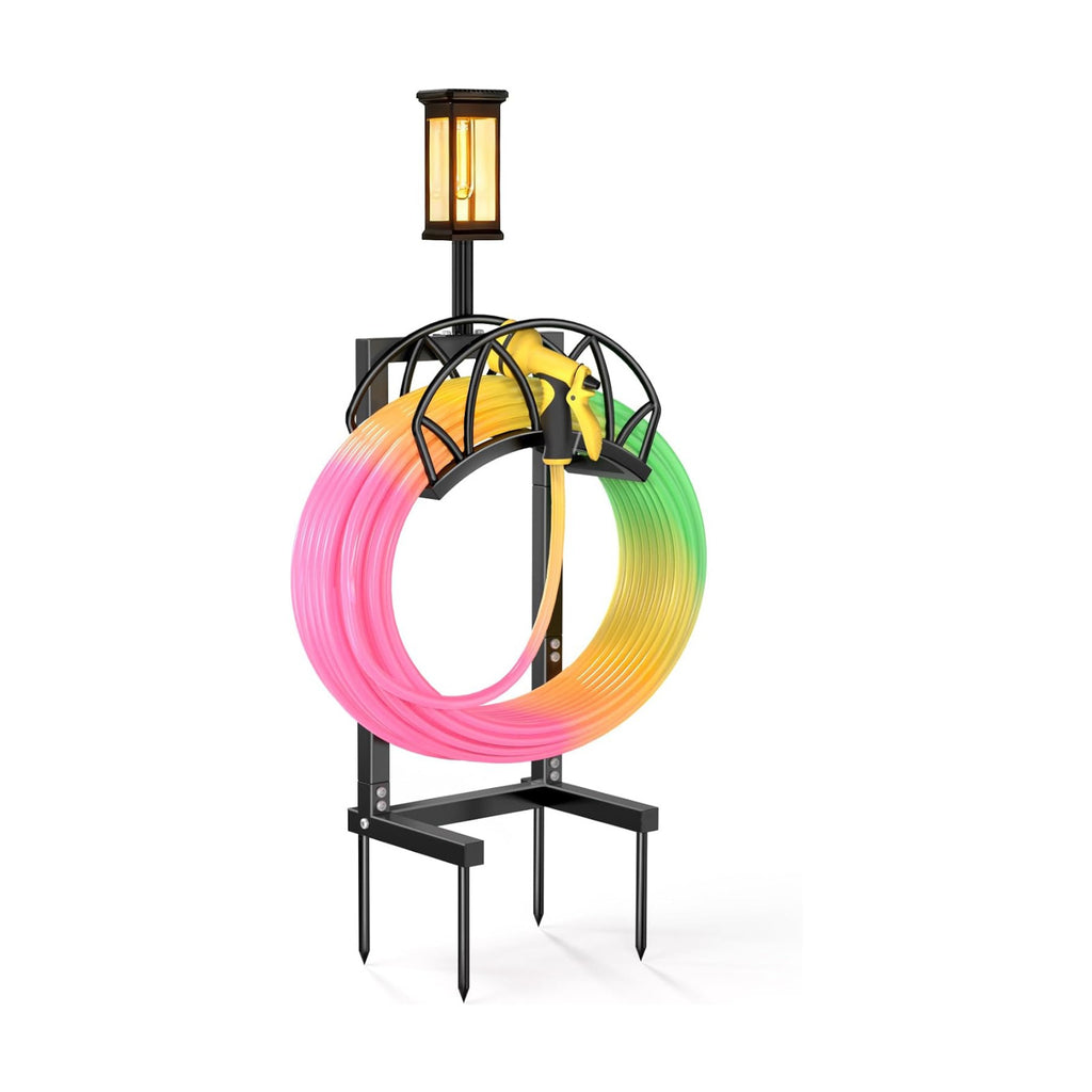 Garden Hose Holder with Solar Light, Freestanding Hose Stand for Outside | Heavy Duty Detachable Hose Storage Rack