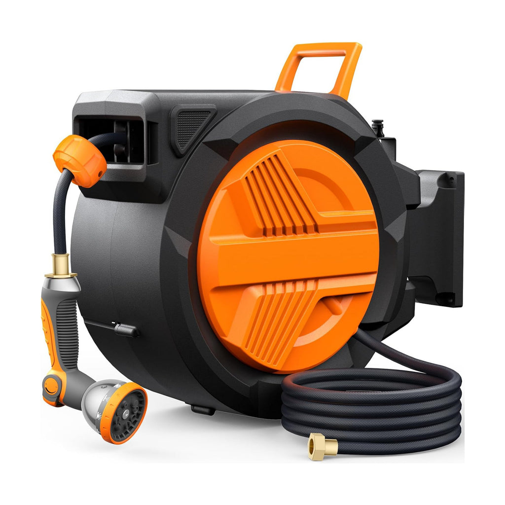 Retractable Garden Hose Reel 1/2” x 100ft, Auto Rewind Hose Reels for Outside, Heavy-Duty Wall-Mounted Outdoor Hose